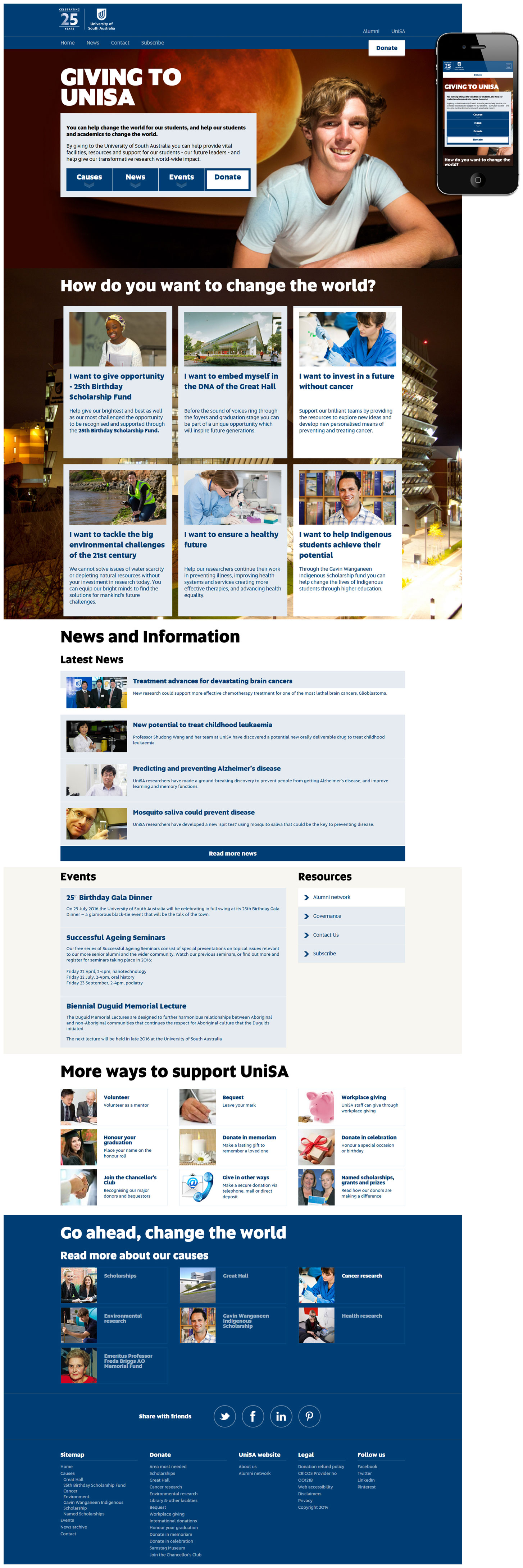 Created whilst working at University of South Australia for the Alumni team. Subsequent to the initial design and build process the site was handed over for ongoing content updates and modifications.